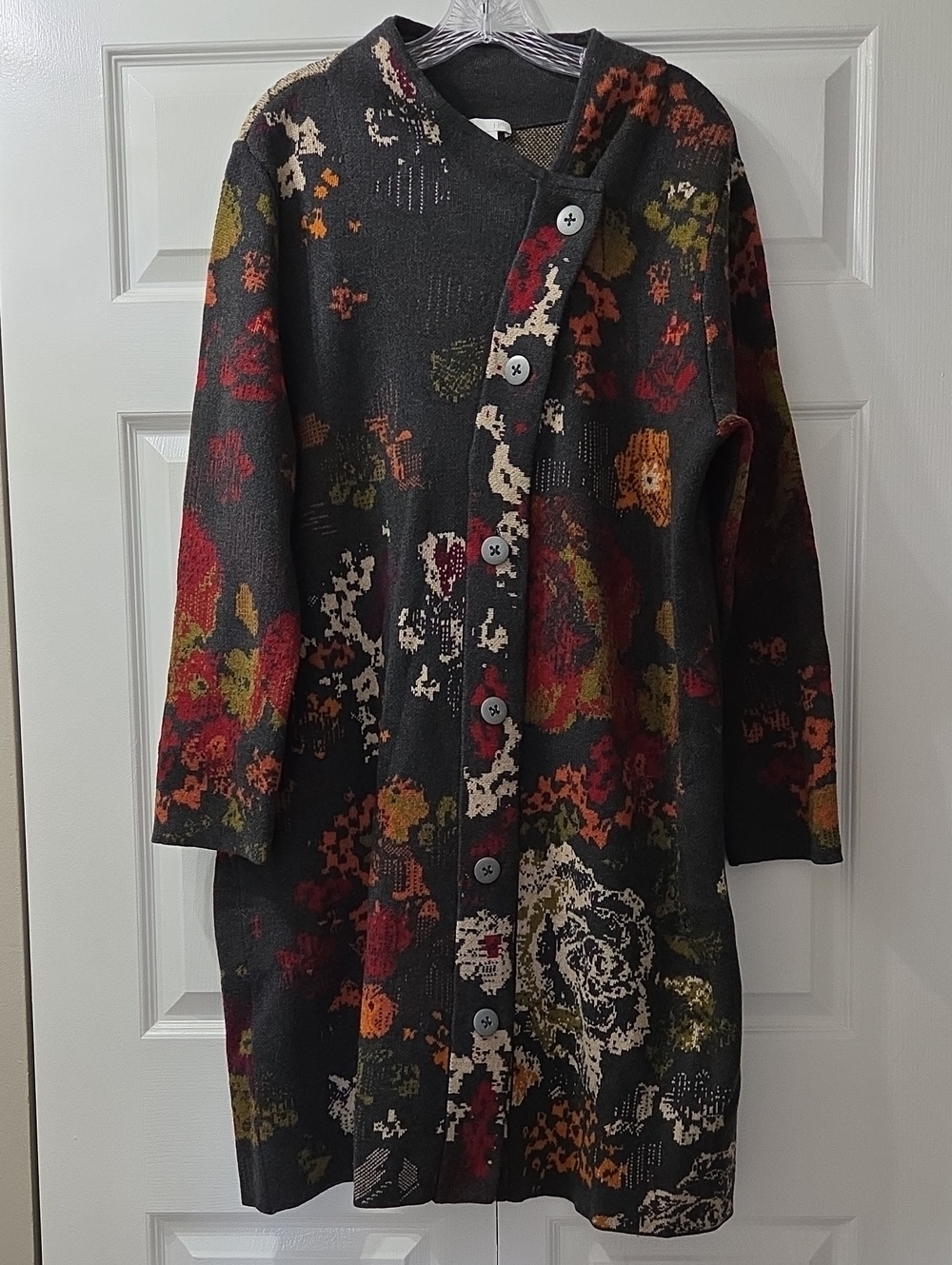 J. Jill Maidson Jacquard Sweater Coat, Assymetrical Full-Length Buttons, Size L